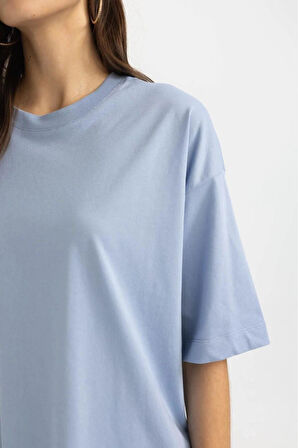 Süper Kalite Kadın %100 Pamuk Mavi Bisiklet Yaka Oversize Boyfriend T-shirt