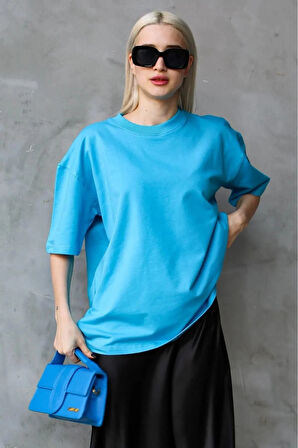 Süper Kalite Kadın %100 Pamuk Turkuaz Bisiklet Yaka Oversize Boyfriend T-shirt