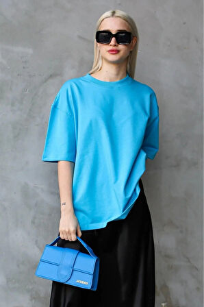 Süper Kalite Kadın %100 Pamuk Turkuaz Bisiklet Yaka Oversize Boyfriend T-shirt