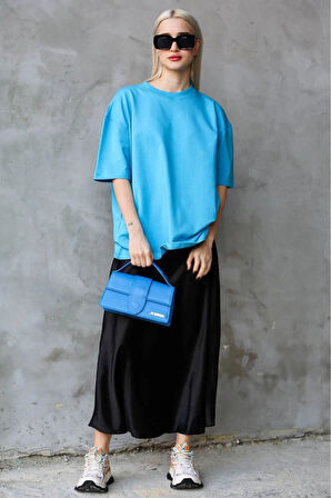 Süper Kalite Kadın %100 Pamuk Turkuaz Bisiklet Yaka Oversize Boyfriend T-shirt