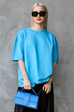 Süper Kalite Kadın %100 Pamuk Turkuaz Bisiklet Yaka Oversize Boyfriend T-shirt