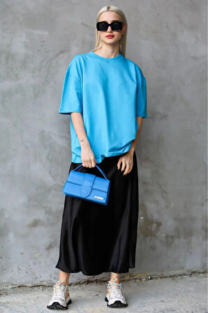 Süper Kalite Kadın %100 Pamuk Turkuaz Bisiklet Yaka Oversize Boyfriend T-shirt