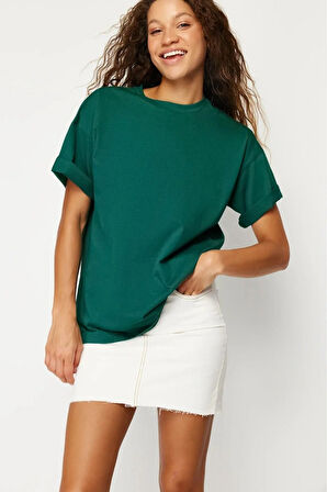 Süper Kalite Kadın %100 Pamuk Zümrüt Yeşili Bisiklet Yaka Oversize Boyfriend T-shirt