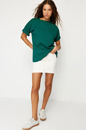 Süper Kalite Kadın %100 Pamuk Zümrüt Yeşili Bisiklet Yaka Oversize Boyfriend T-shirt