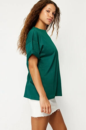 Süper Kalite Kadın %100 Pamuk Zümrüt Yeşili Bisiklet Yaka Oversize Boyfriend T-shirt