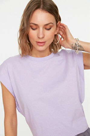 %100 Pamuk Kadın Lila Vatka Görünümlü Koltuk Altı Parçalı Yarasa Bisiklet Yaka Tişört