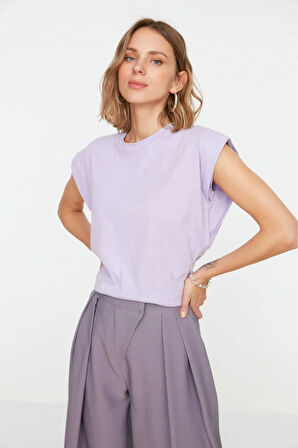 %100 Pamuk Kadın Lila Vatka Görünümlü Koltuk Altı Parçalı Yarasa Bisiklet Yaka Tişört