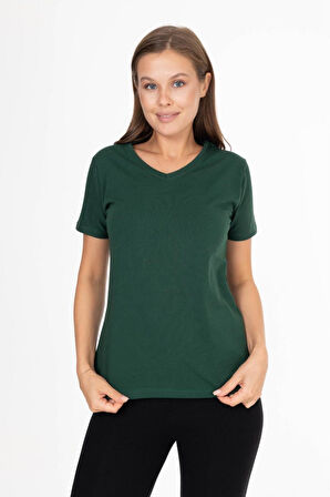 %100 Pamuk Süper Kalite Zümrüt Yeşili V Yaka Kadın Basic Tişört Örme Pamuk Penye T-shirt
