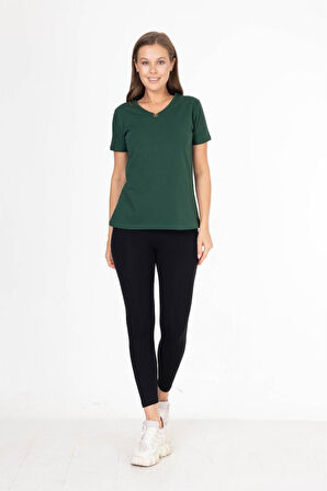 %100 Pamuk Süper Kalite Zümrüt Yeşili V Yaka Kadın Basic Tişört Örme Pamuk Penye T-shirt