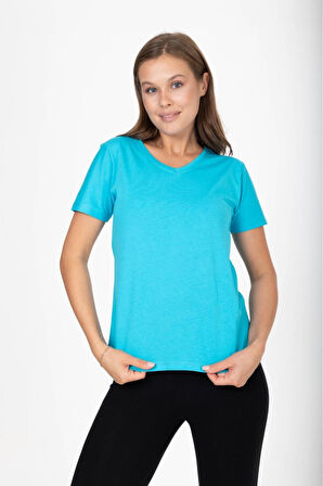 %100 Pamuk Süper Kalite Turkuaz Mavisi V Yaka Kadın Basic Tişört Örme Pamuk Penye T-shirt