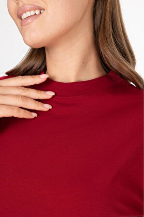 %100 Organik Pamuk Kadın Bordo Basic Ribana'lı Dik Yaka Örme T-shirt Yarım Balıkçı