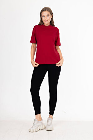 %100 Organik Pamuk Kadın Bordo Basic Ribana'lı Dik Yaka Örme T-shirt Yarım Balıkçı