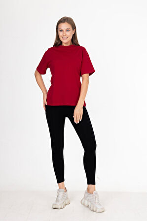 %100 Organik Pamuk Kadın Bordo Basic Ribana'lı Dik Yaka Örme T-shirt Yarım Balıkçı