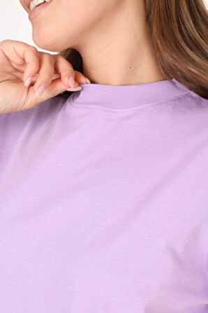 %100 Organik Pamuk Kadın Lila Basic Ribana'lı Dik Yaka Örme T-shirt Yarım Balıkçı