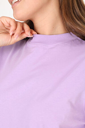 %100 Organik Pamuk Kadın Lila Basic Ribana'lı Dik Yaka Örme T-shirt Yarım Balıkçı