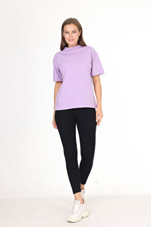 %100 Organik Pamuk Kadın Lila Basic Ribana'lı Dik Yaka Örme T-shirt Yarım Balıkçı