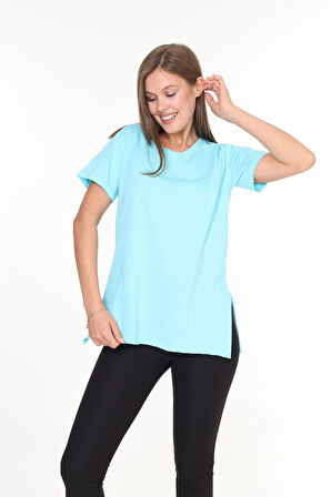 %100 Pamuk Kadın Mint Yeşili V yaka yanı yırtmaçlı asimetrik penye pamuk örme T-shirt tunik