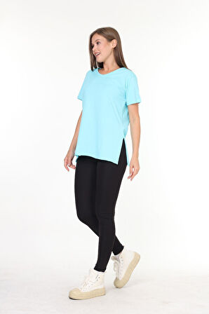 %100 Pamuk Kadın Mint Yeşili V yaka yanı yırtmaçlı asimetrik penye pamuk örme T-shirt tunik