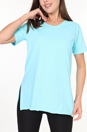 %100 Pamuk Kadın Mint Yeşili V yaka yanı yırtmaçlı asimetrik penye pamuk örme T-shirt tunik