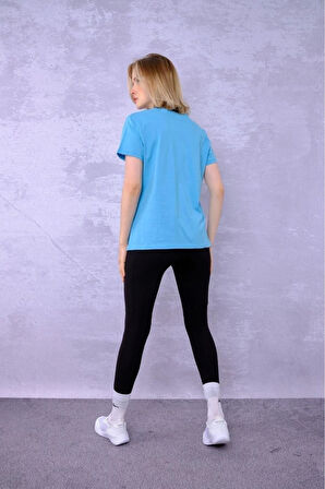 %100 Pamuk Kadın Tişört Düz Renk Turkuaz Bisiklet Yaka Penye T-Shirt