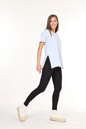 X Serüven %100 Pamuk Kadın Bebe Mavisi V yaka yanı yırtmaçlı asimetrik penye pamuk örme T-shirt