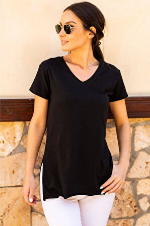 Kadın Siyah V Yaka Yanı Yırtmaçlı Asimetrik Penye Pamuk Örme T-shirt Tişört Tunik