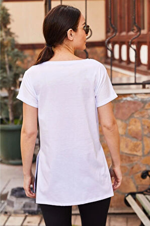 Kadın Beyaz V Yaka Yanı Yırtmaçlı Asimetrik Penye Pamuk Örme T-shirt Tişört Tunik
