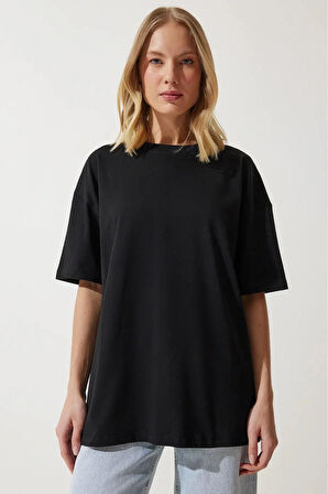 Süper Kalite Kadın %100 Pamuk Siyah Bisiklet Yaka Oversize Boyfriend T-shirt
