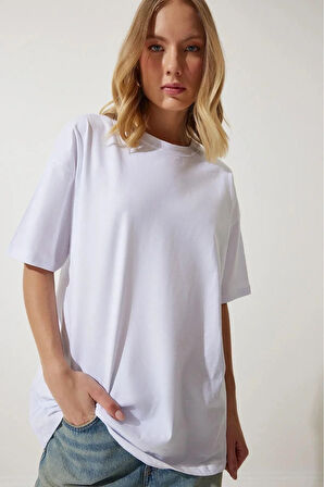 Süper Kalite Kadın %100 Pamuk Beyaz Bisiklet Yaka Oversize Boyfriend T-shirt