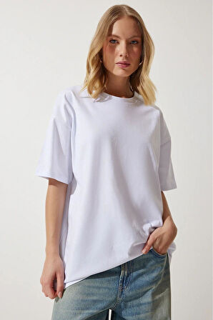 Süper Kalite Kadın %100 Pamuk Beyaz Bisiklet Yaka Oversize Boyfriend T-shirt