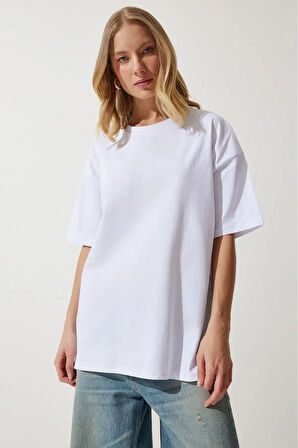 Süper Kalite Kadın %100 Pamuk Beyaz Bisiklet Yaka Oversize Boyfriend T-shirt