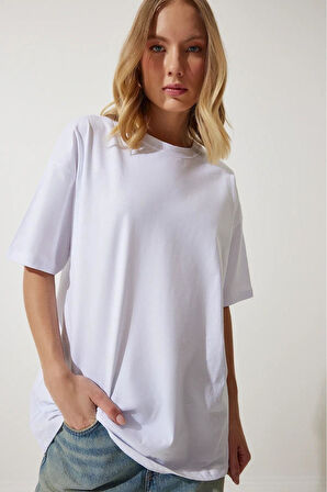 Süper Kalite Kadın %100 Pamuk Beyaz Bisiklet Yaka Oversize Boyfriend T-shirt