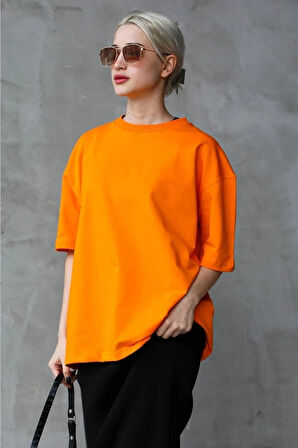 Süper Kalite Unisex Pamuk Oranj Bisiklet Yaka Oversize Boyfriend T-shirt Kadın Erkek Turuncu Orange