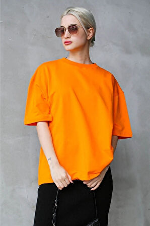 Süper Kalite Unisex Pamuk Oranj Bisiklet Yaka Oversize Boyfriend T-shirt Kadın Erkek Turuncu Orange
