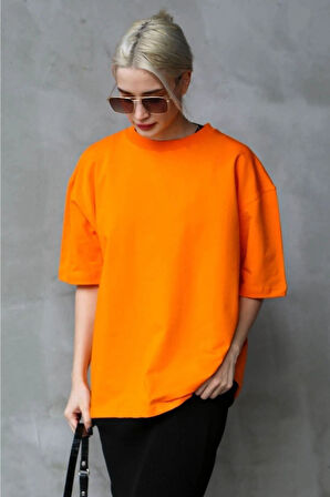Süper Kalite Unisex Pamuk Oranj Bisiklet Yaka Oversize Boyfriend T-shirt Kadın Erkek Turuncu Orange
