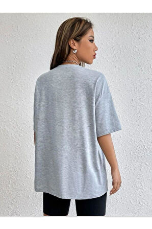 Süper Kalite Unisex Pamuk Gri Melanj Bisiklet Yaka Oversize Boyfriend T-shirt Kadın Erkek Tişört