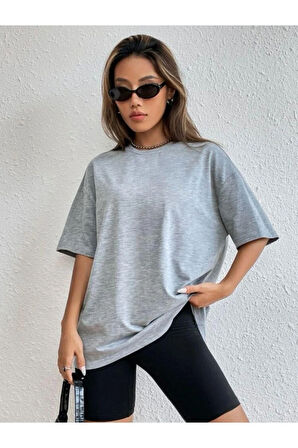 Süper Kalite Unisex Pamuk Gri Melanj Bisiklet Yaka Oversize Boyfriend T-shirt Kadın Erkek Tişört