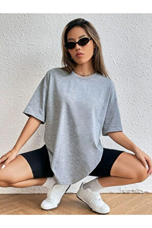 Süper Kalite Unisex Pamuk Gri Melanj Bisiklet Yaka Oversize Boyfriend T-shirt Kadın Erkek Tişört