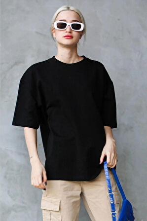 2li Paket Süper Kalite Unisex Pamuk Siyah Beyaz Bisiklet Yaka Oversize Boyfriend T-shirt Kadın Erkek