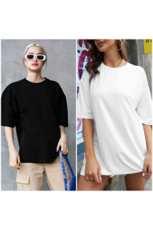 2li Paket Süper Kalite Unisex Pamuk Siyah Beyaz Bisiklet Yaka Oversize Boyfriend T-shirt Kadın Erkek