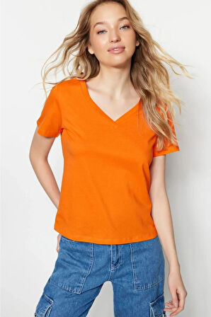 %100 Pamuk Süper Kalite Oranj V-yaka Kadın Basic Tişört Örme Pamuk Penye T-shirt Turuncu Orange