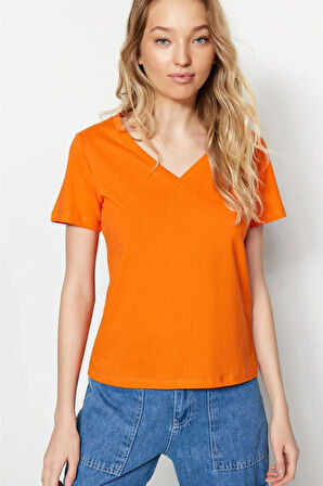 %100 Pamuk Süper Kalite Oranj V-yaka Kadın Basic Tişört Örme Pamuk Penye T-shirt Turuncu Orange