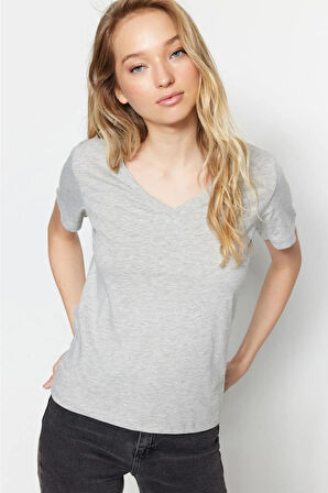 %100 Pamuk Süper Kalite Gri Melanj V-yaka Kadın Basic Tişört Örme Pamuk Penye T-shirt