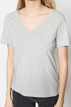 %100 Pamuk Süper Kalite Gri Melanj V-yaka Kadın Basic Tişört Örme Pamuk Penye T-shirt