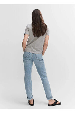 %100 Pamuk Süper Kalite Kadın Tişört Düz Renk Gri Melanj Bisiklet Yaka Organik Pamuk Penye T-shirt