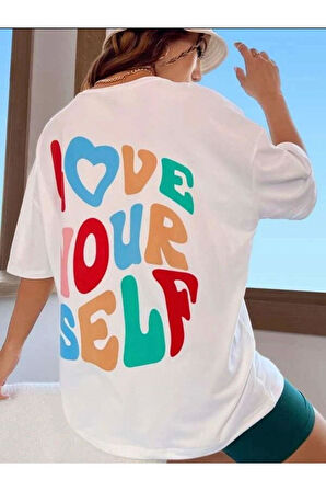 Arka Ve Ön Love Baskılı %100 Pamuk Süper Kalite Penye Oversize T-shirt