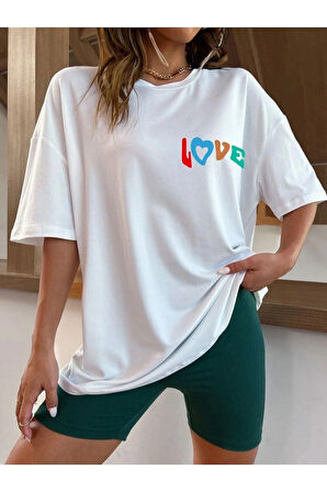 Arka Ve Ön Love Baskılı %100 Pamuk Süper Kalite Penye Oversize T-shirt