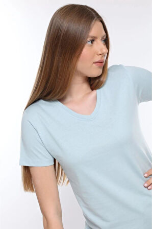 %100 Pamuk Süper Kalite V Yaka Kadın Basic Tişört Örme Pamuk Penye T-shirt