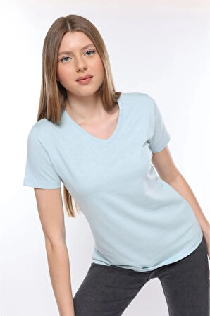 %100 Pamuk Süper Kalite V Yaka Kadın Basic Tişört Örme Pamuk Penye T-shirt