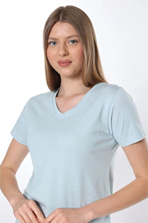 %100 Pamuk Süper Kalite V Yaka Kadın Basic Tişört Örme Pamuk Penye T-shirt